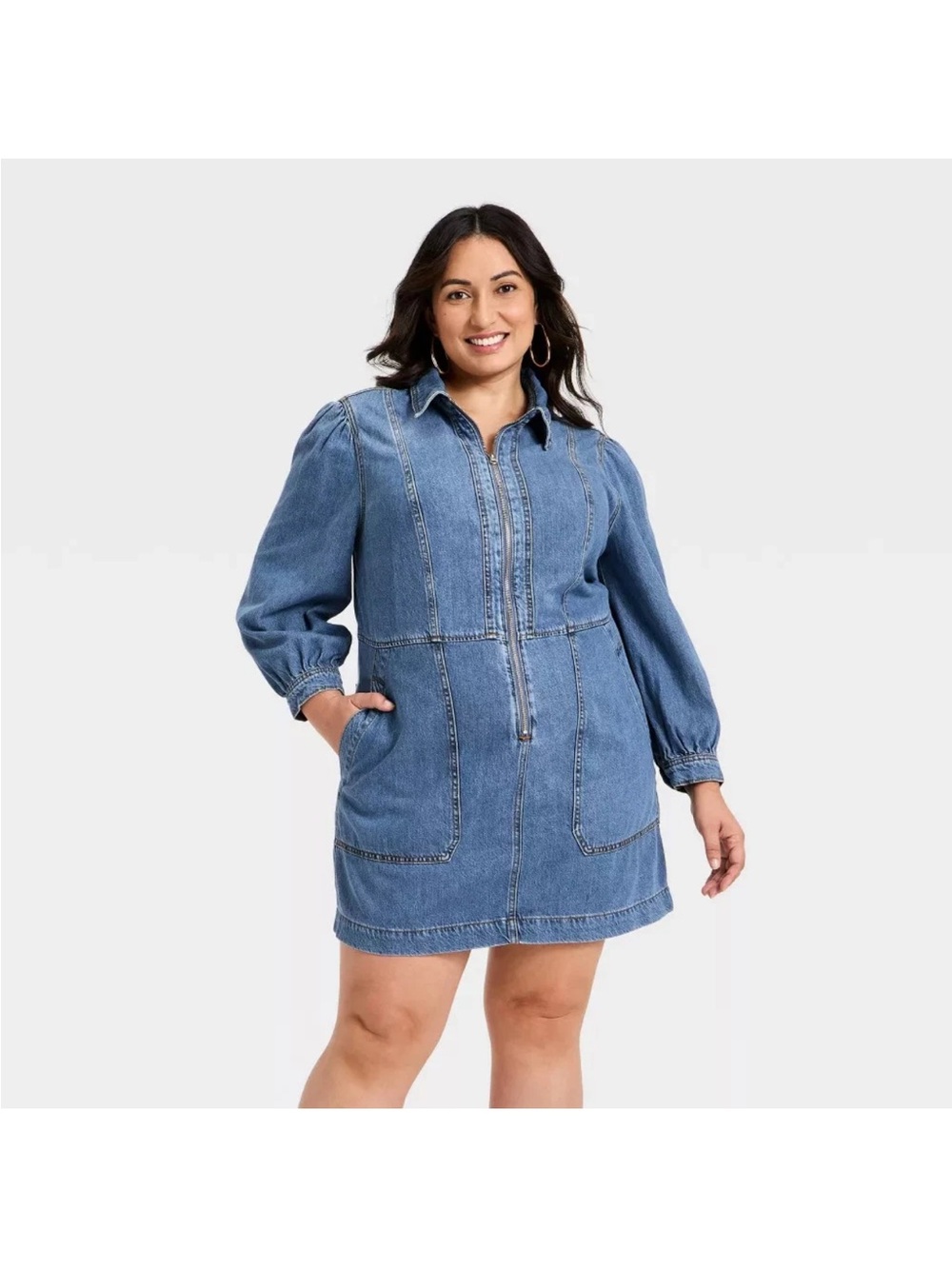 Universal Thread Blue Denim Zip-Front Shirt Dress